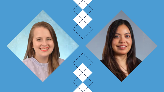 Side-by-side portraits of two researchers in diamond-shaped frames. On the left is Meghan E. Rebuli, PhD, smiling against a light blue background. On the right is Catalina Cobos-Uribe, smiling against a gray background. The portraits are set on a blue graphic design with patterned diamond accents in the center.