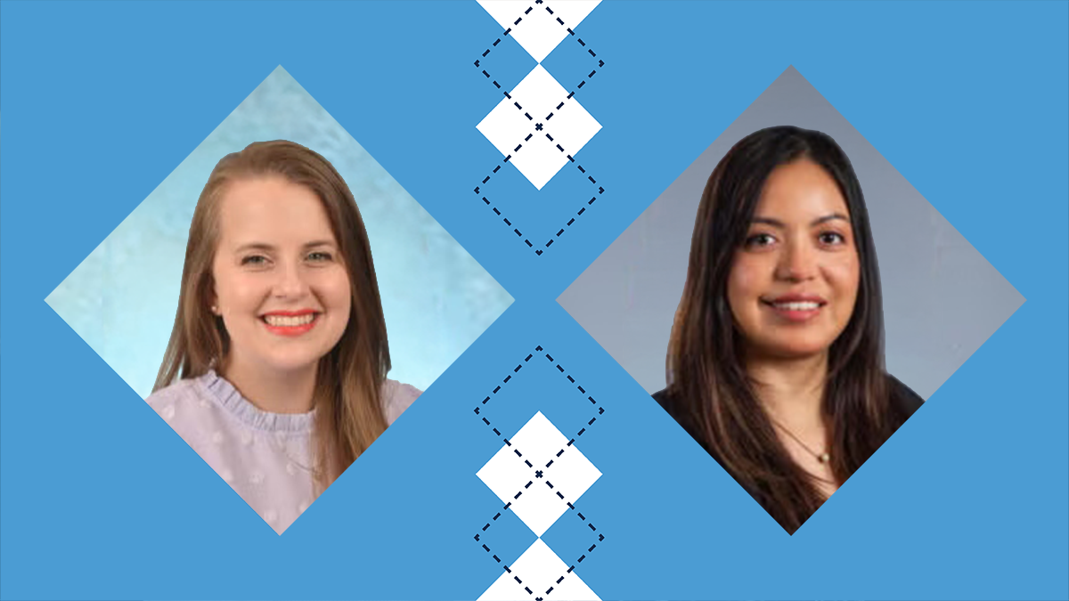 Side-by-side portraits of two researchers in diamond-shaped frames. On the left is Meghan E. Rebuli, PhD, smiling against a light blue background. On the right is Catalina Cobos-Uribe, smiling against a gray background. The portraits are set on a blue graphic design with patterned diamond accents in the center.