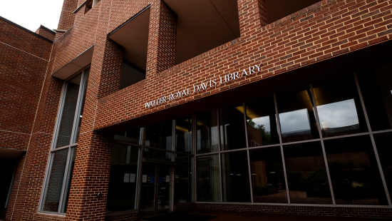 The entrance of Davis Library at U.N.C. Chapel Hill.