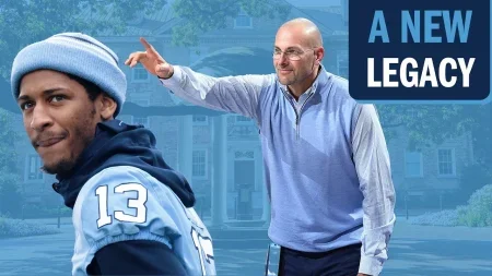 Photos of Tylee Craft and Eric Montross placed atop a Carolina Blue-tinted background photo of the Old Well. In the upper right corner is text reading, 