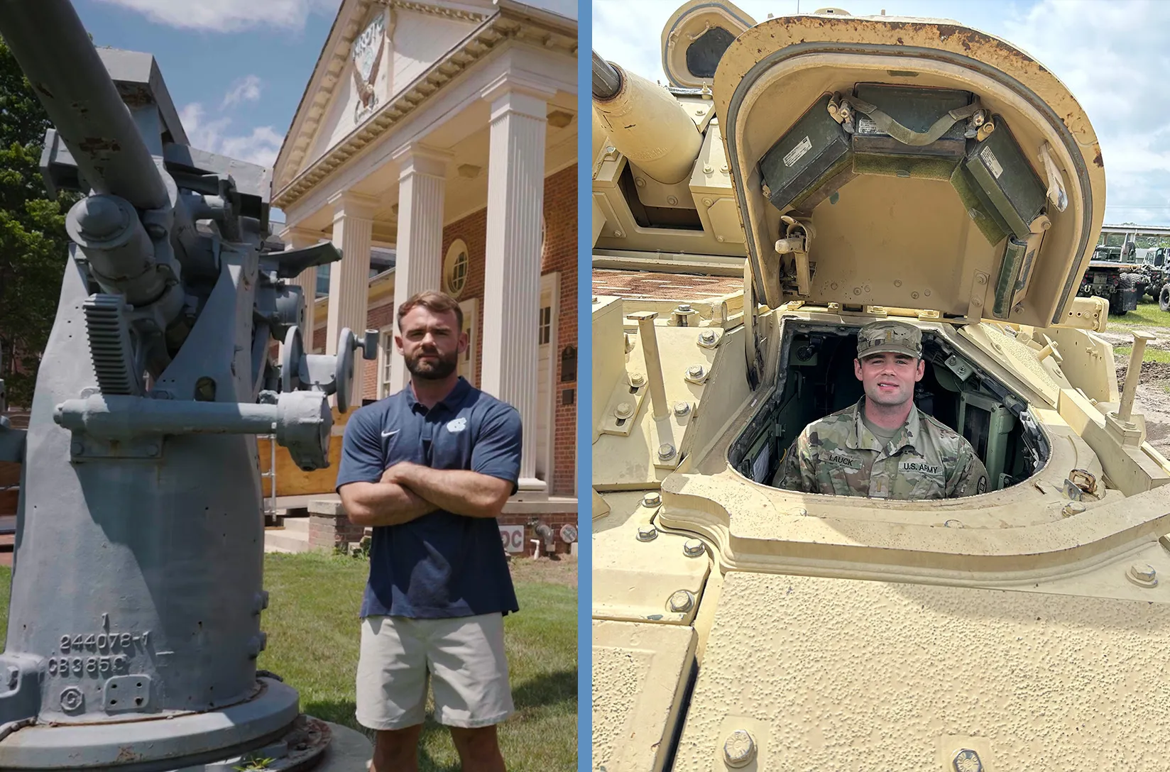 Two-photo collage: Bradley lauck posing for portrait outside of Naval Armory on campus of UNC-Chapel Hill; and Lauck poking his head outside of a military vehicle.